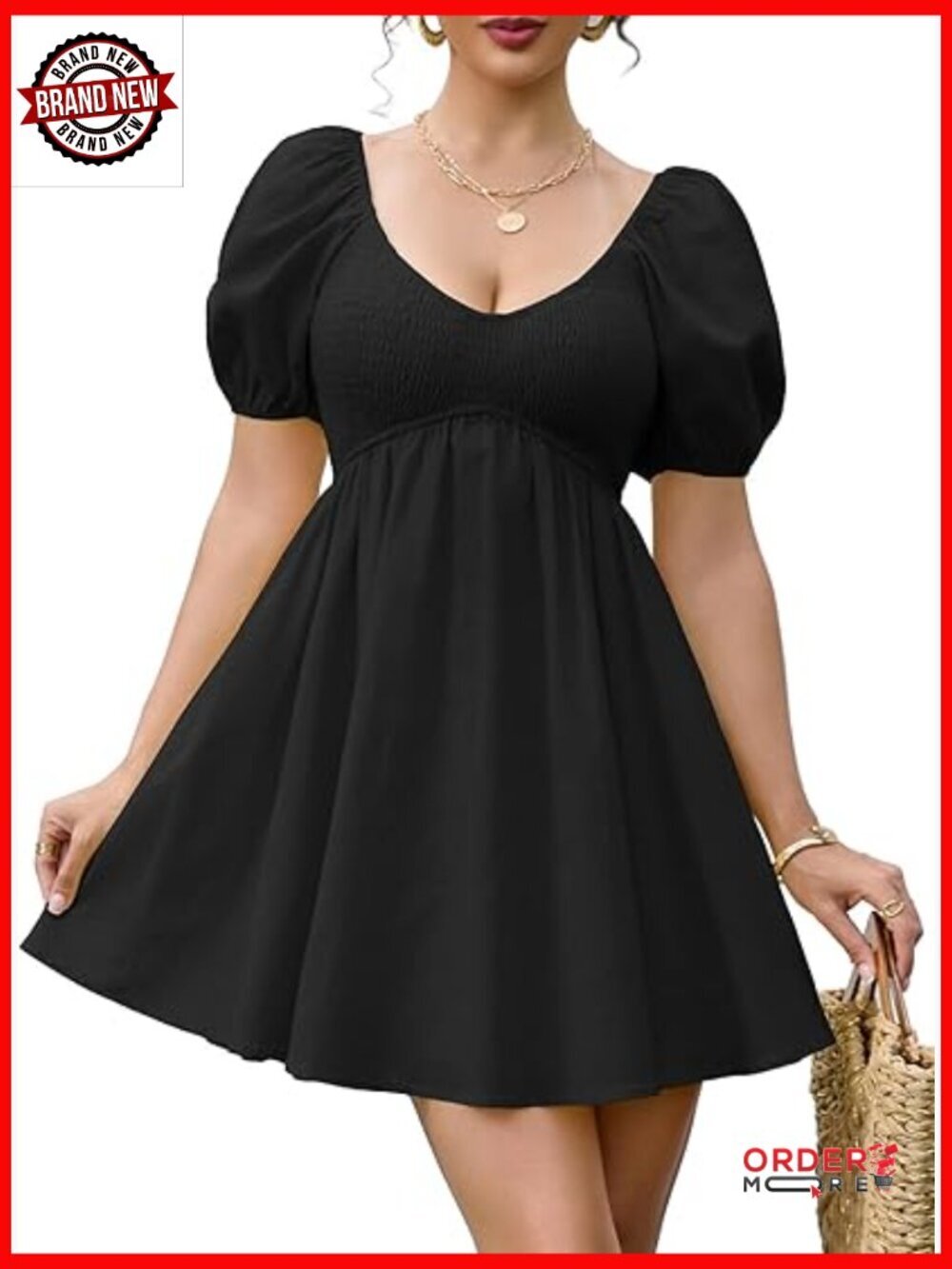 Puff Sleeve Babydoll Dress V Neck Empire Waist Boho Swing Mini Sundress